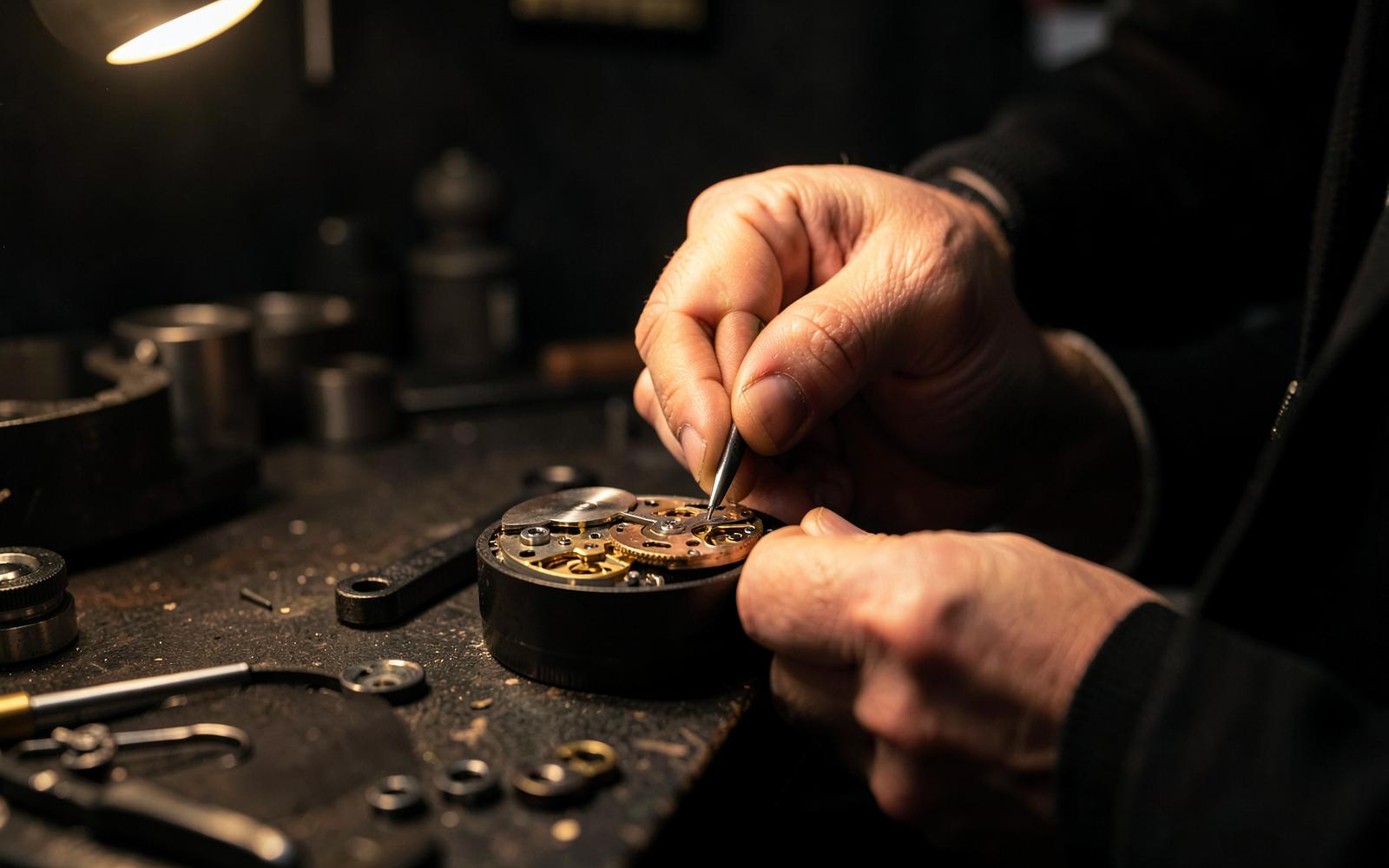 Watchmaker at work on a mechanical movement