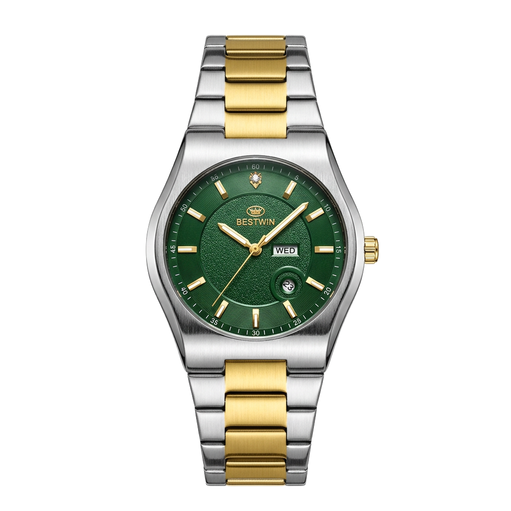 Bestwin Green Two-Tone — Green sunburst dial with a polished two-tone bracelet.