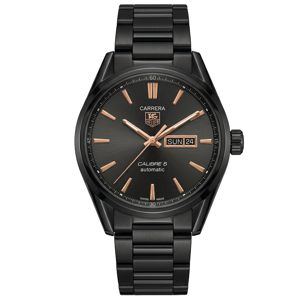 Carrera Black Day-Date — Matte black dial with day and date windows on a steel bracelet.