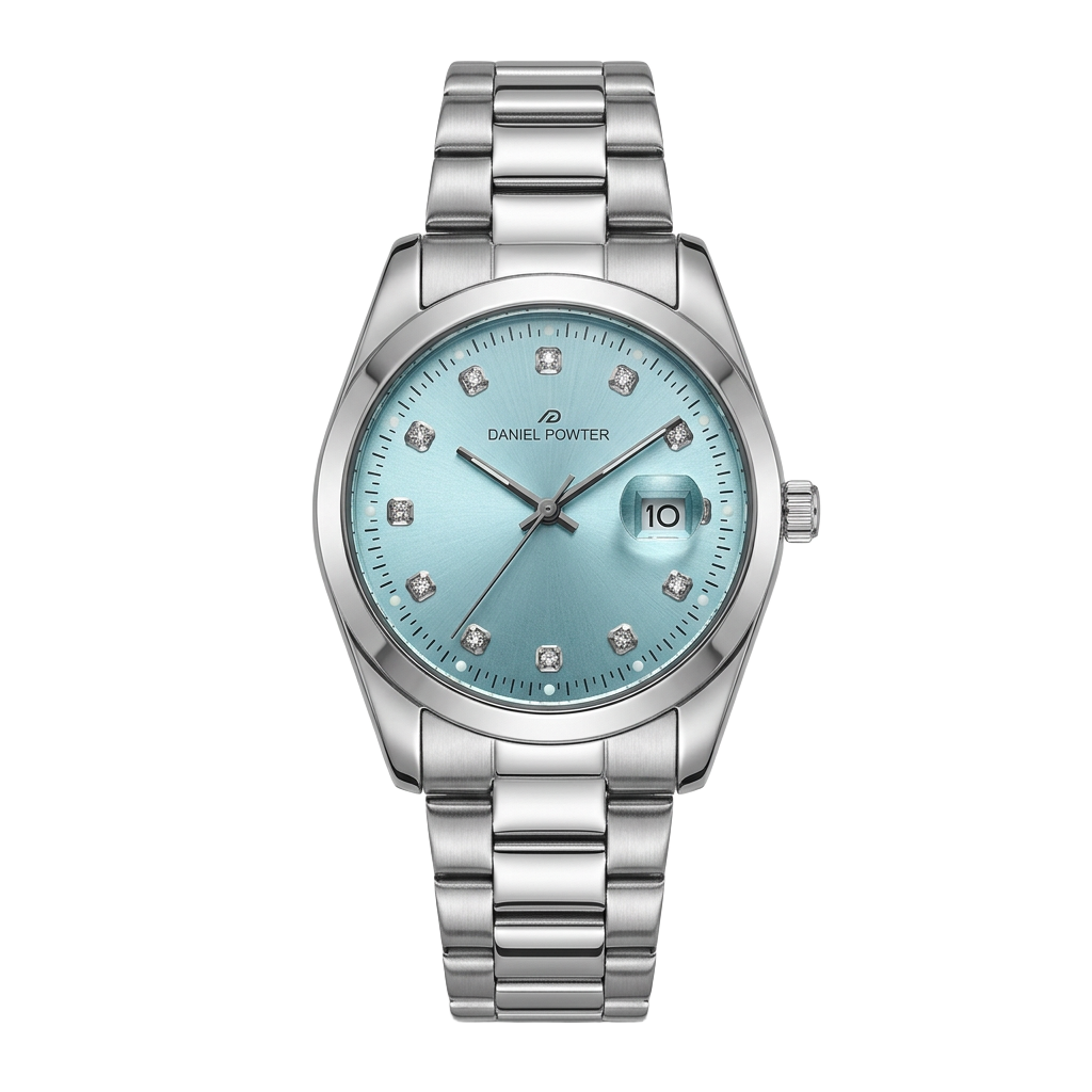 Daniel Powter Sky Blue — Sky-blue dial with gem-style hour markers.