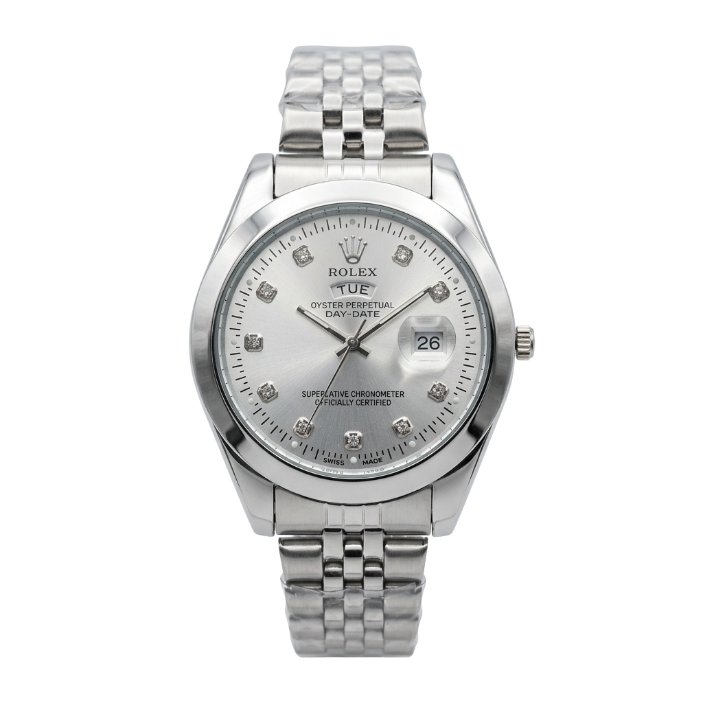 Rolax Silver Day-Date Classic — Brushed steel case with a silver day-date dial.