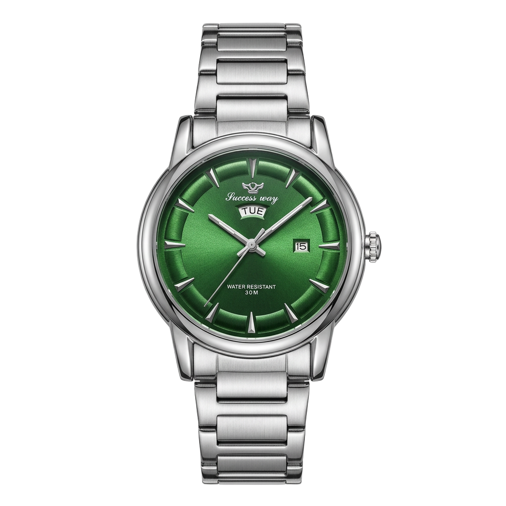 Success Way Emerald — Emerald green day-date dial in polished silver tone.