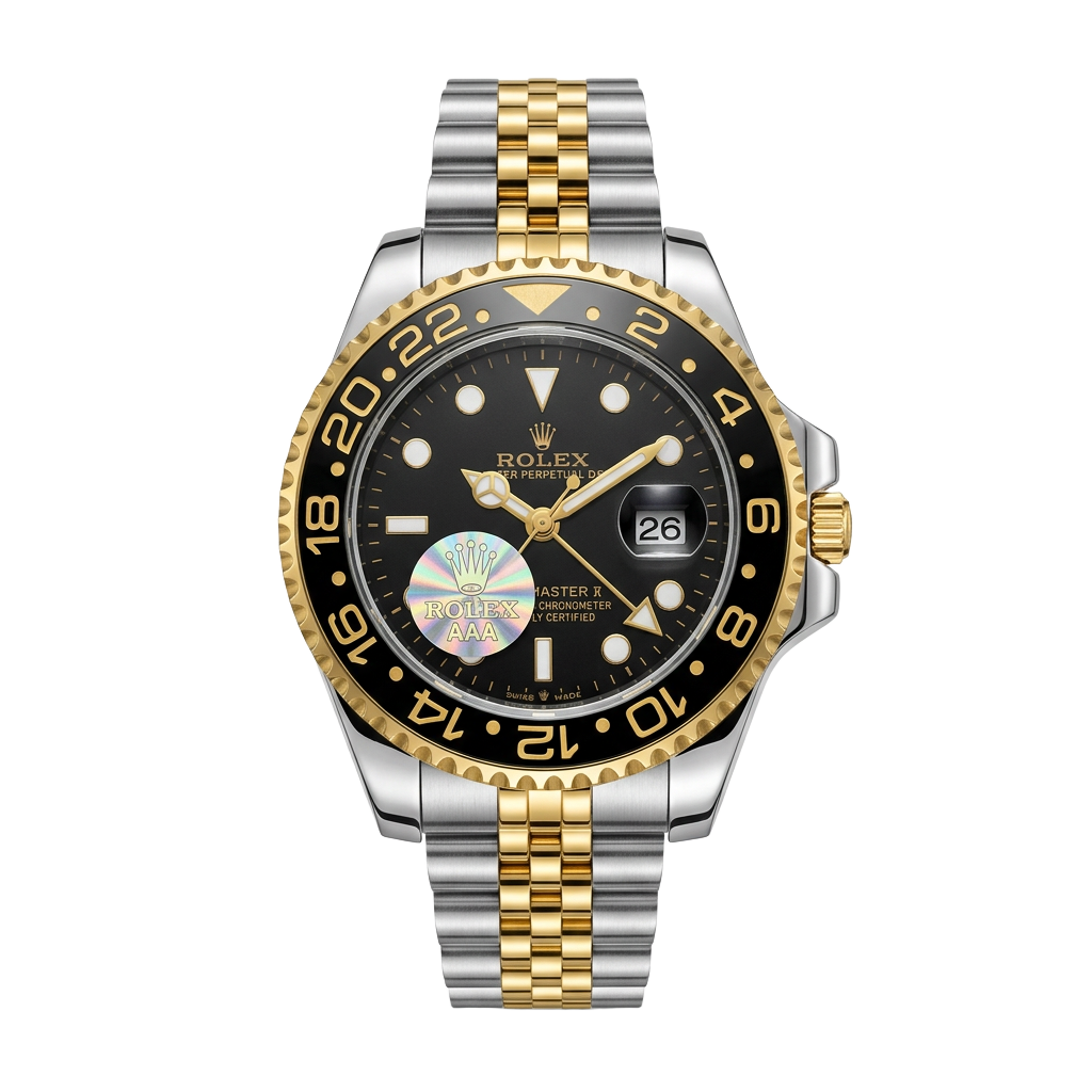 Two-Tone Black Sport — Black dial with a two-tone steel and gold bracelet.