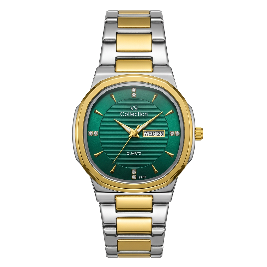 V9 Emerald Two-Tone — Emerald dial with a sculpted two-tone case and bracelet.